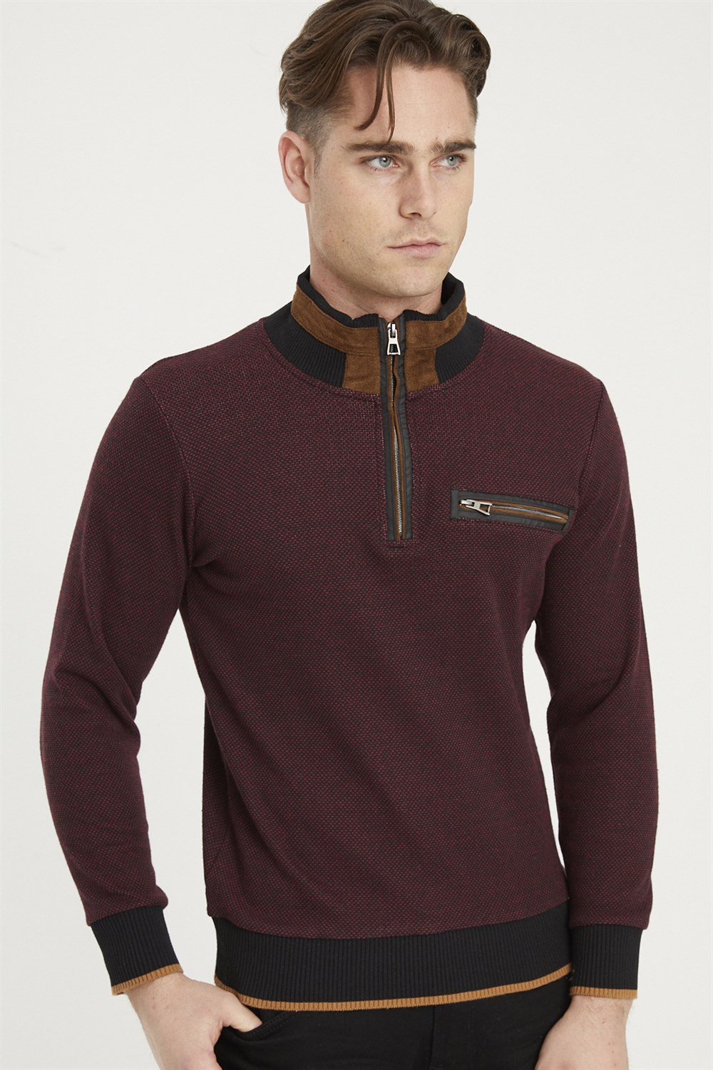 1039 DEWBERRY ERKEK SWEATSHIRT-SİYAH-BORDO