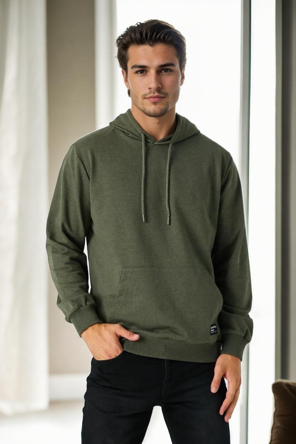 12612 Dewberry Hooded Kangaroo Pocket Mens Sweatshirt-HAKİ