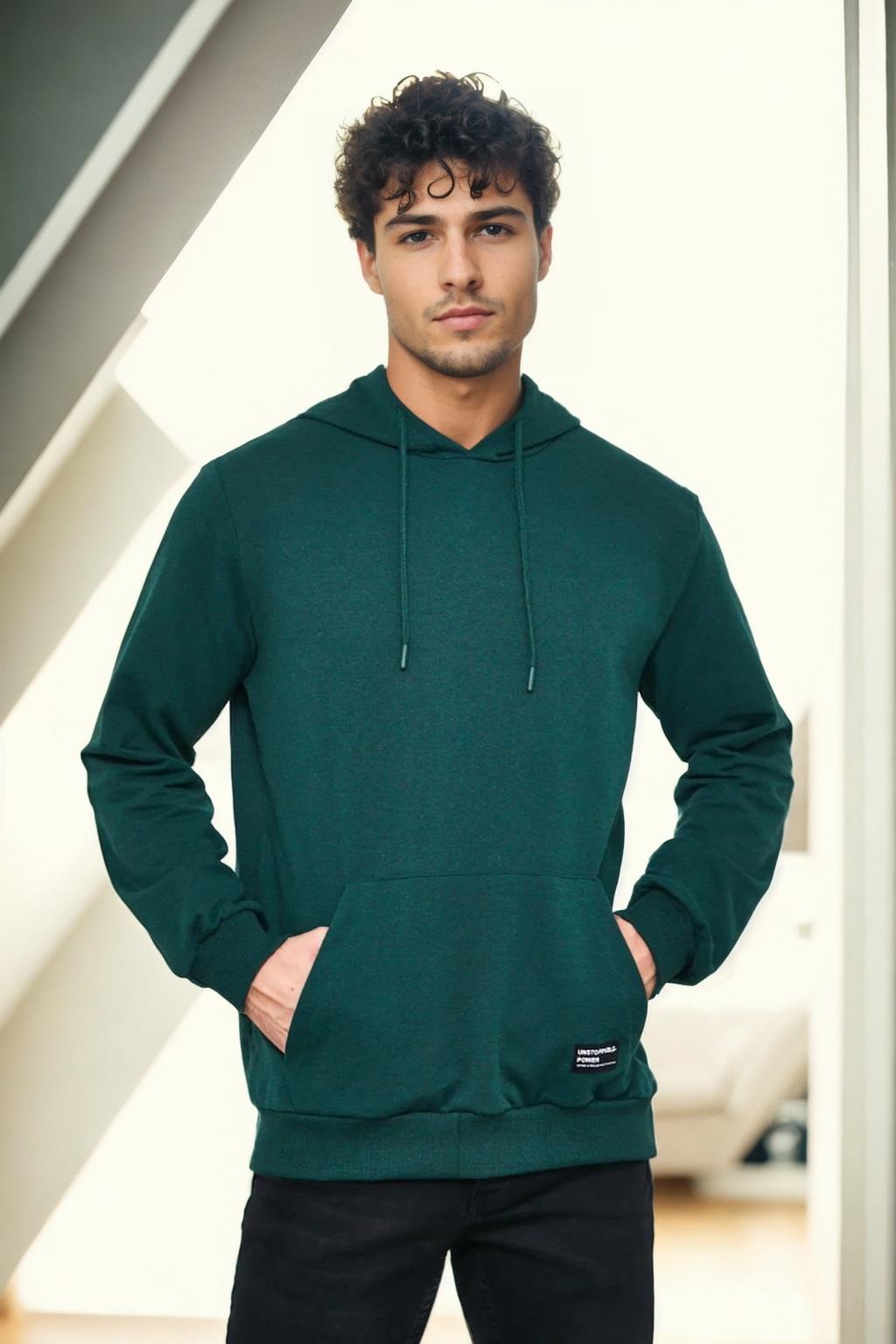 12612 Dewberry Hooded Kangaroo Pocket Mens Sweatshirt-KOYU YEŞİL