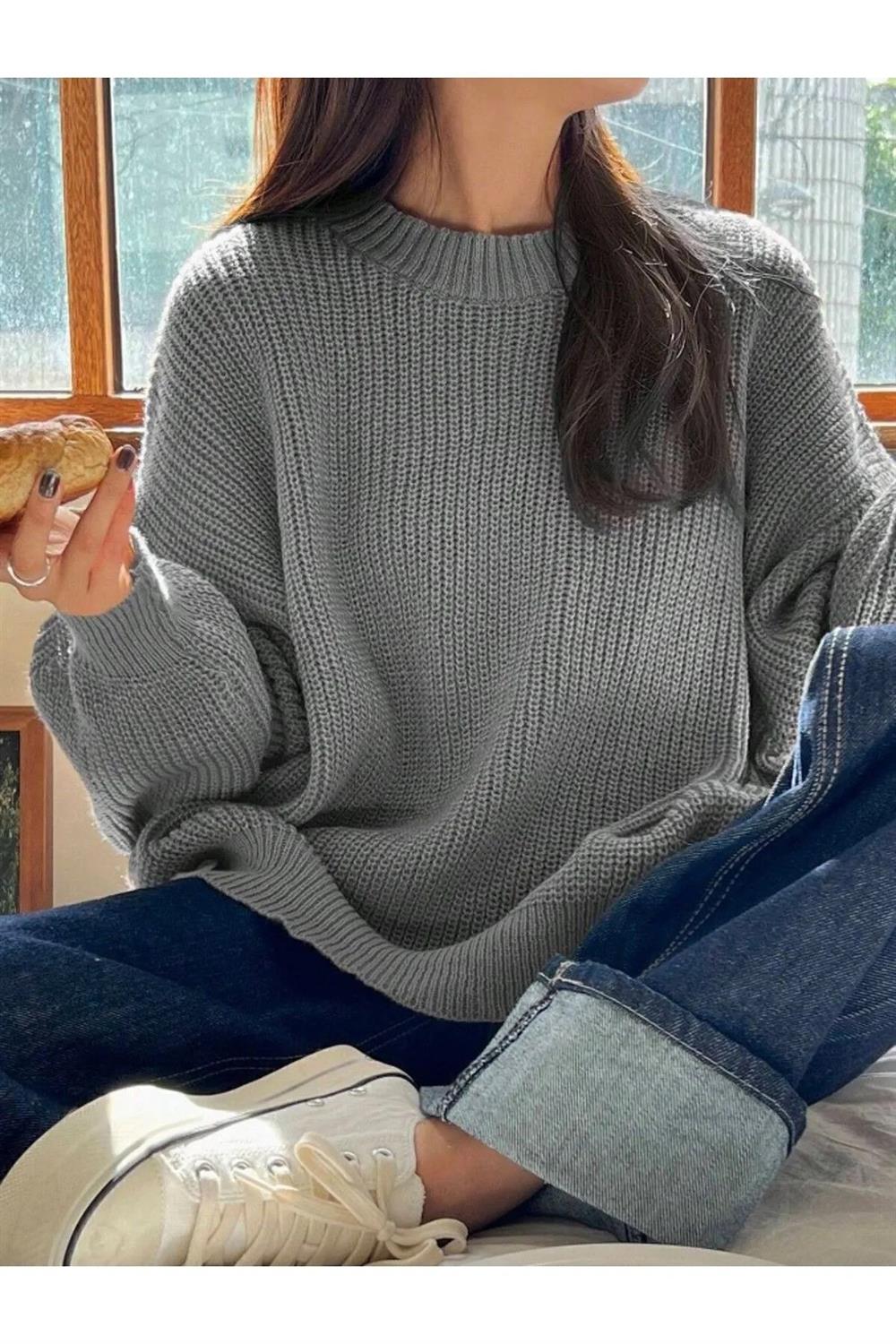 13242 Dewberry Oversize Women Sweater-GRİ