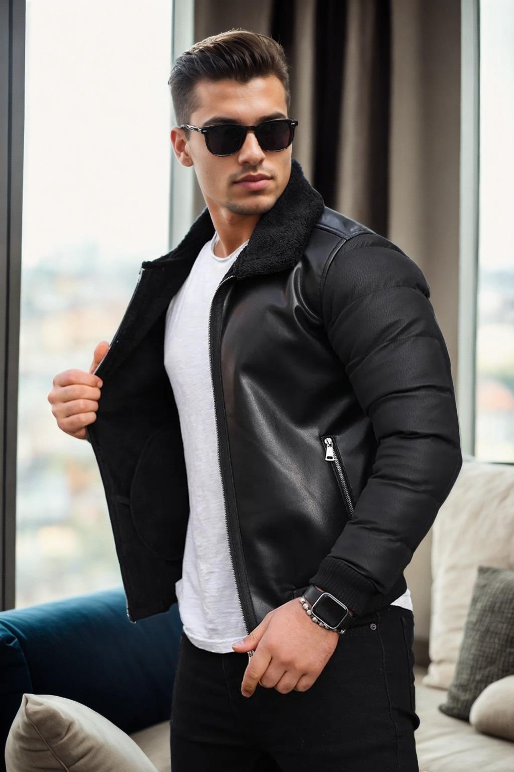 16456 Dewberry Faux Fur Inside Mens Winter Coat-SİYAH-SİYAH