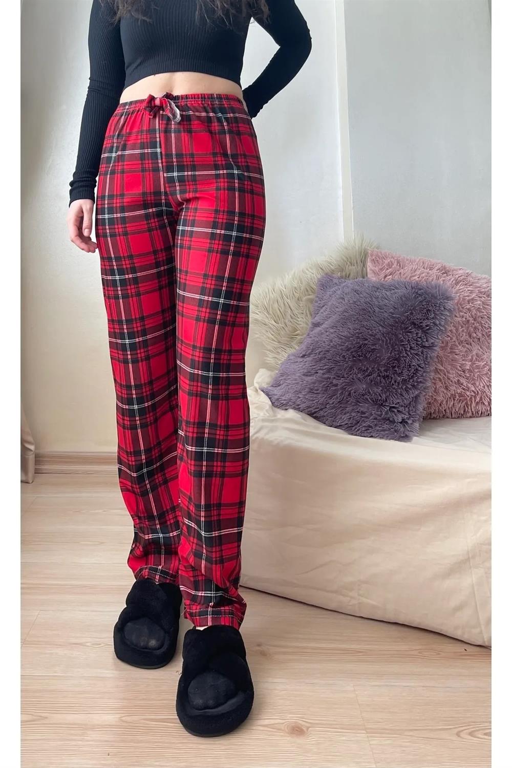 17947 Dewberry Plaid Checkered Cotton Velvet Pyjama Bottoms-KIRMIZI-SİYAH