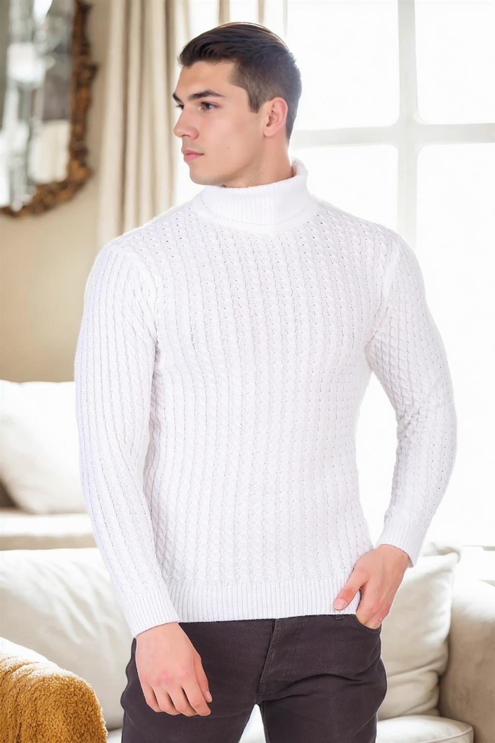 19295 Dewberry Turtleneck Mens Sweater-BEYAZ