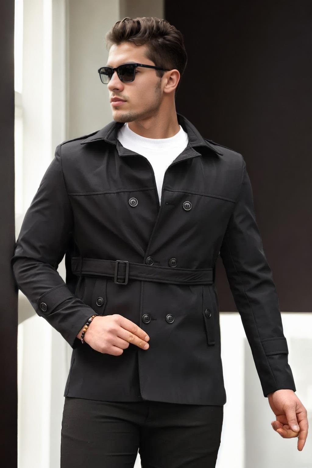 23058 Dewberry Lined Belted Double Breasted Mens Trenchcoat-SİYAH