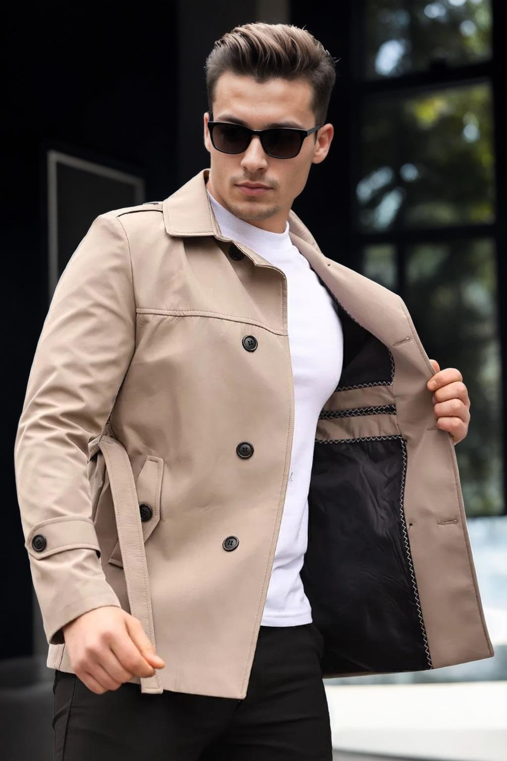 23058 Dewberry Lined Belted Double Breasted Mens Trenchcoat-KOYU BEJ