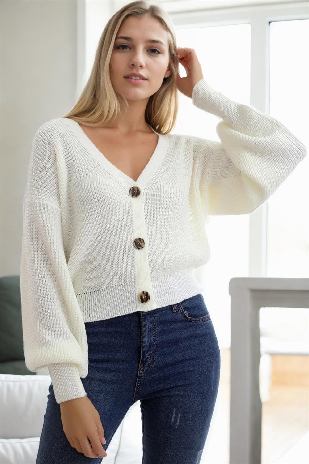 23325 Dewberry 3 Button V-Neck Women Cardigan-BEYAZ