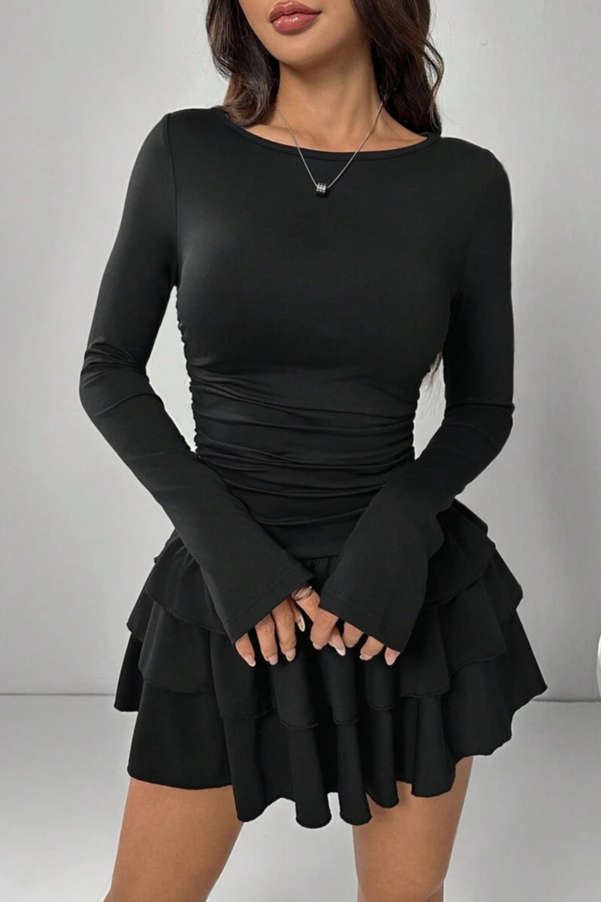 24933 Dewberry Ruffled Layered Mini Dress-SİYAH