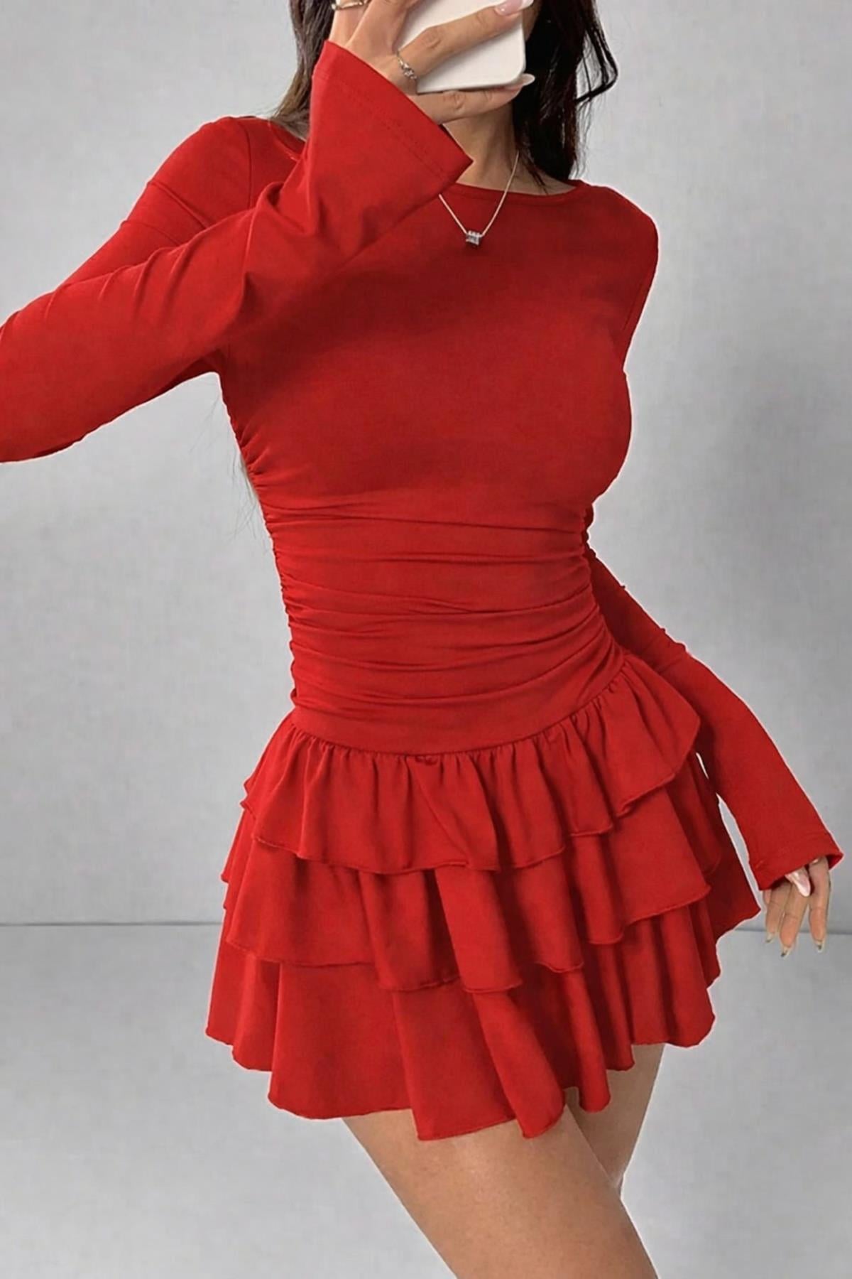 24933 Dewberry Ruffled Layered Mini Dress-KIRMIZI