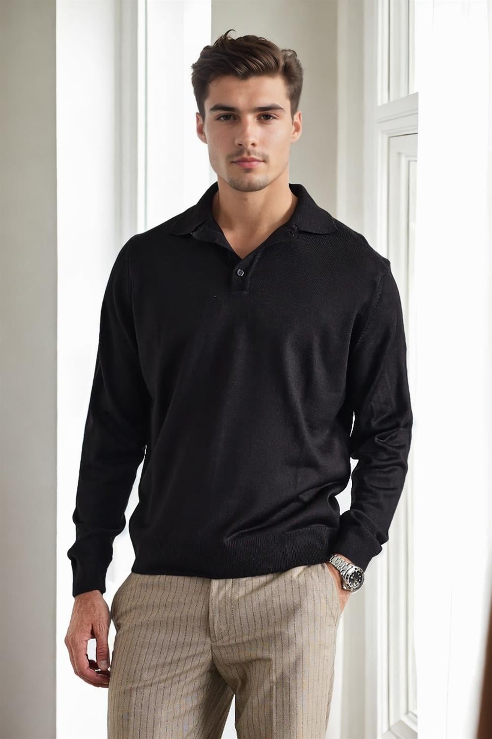 28296 Dewberry Polo Neck Mens Knit Sweater-SİYAH