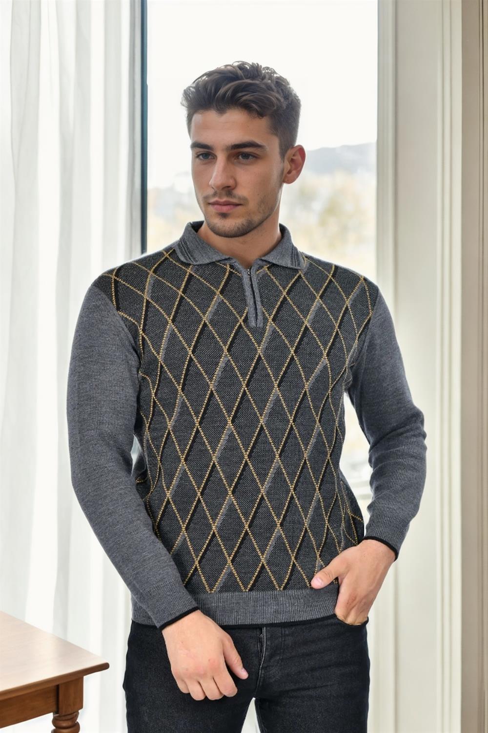 29477 Dewberry Zippered Polo Collar Mens Sweater-GRİ