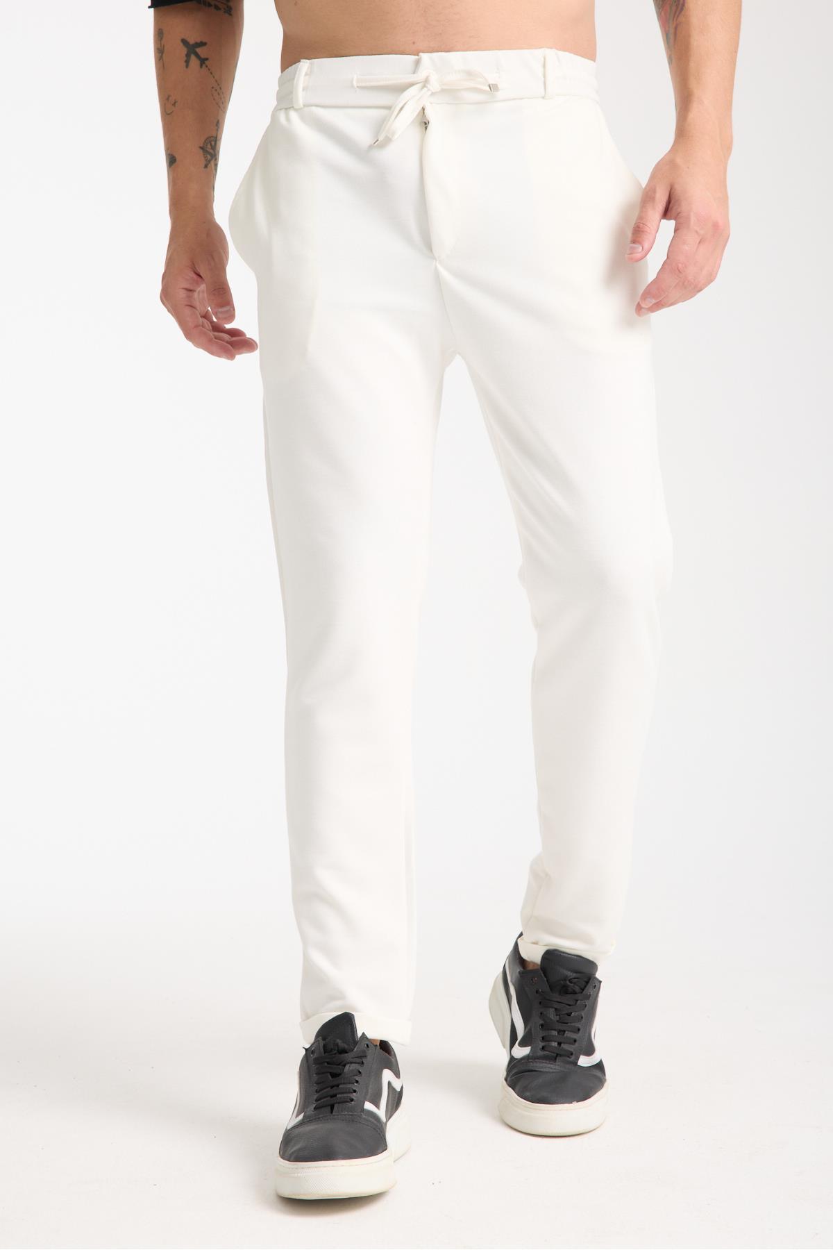 31906 Mens Elastic Waist Stretch Jogger Pants-BEYAZ