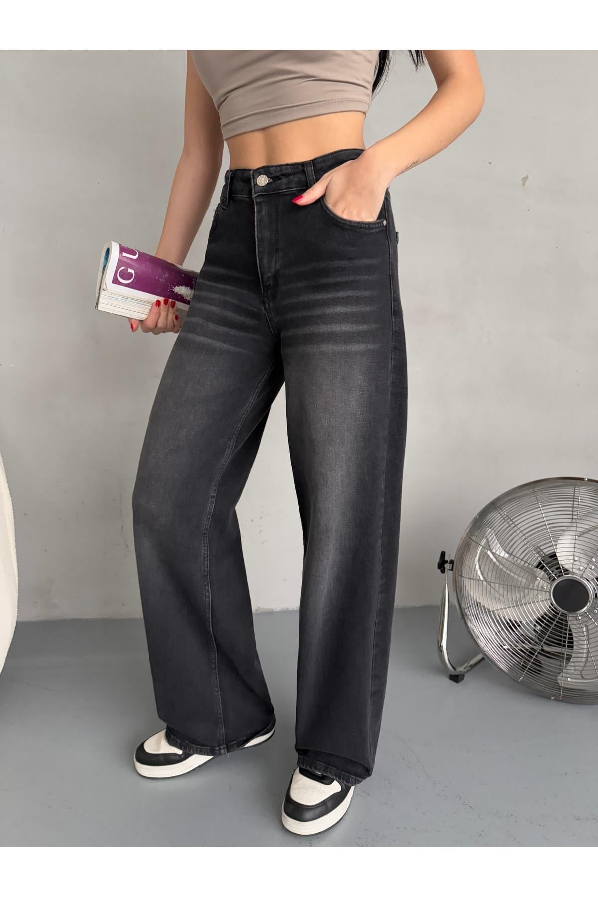 35943 Dewberry Womens High-Waist Vintage Washed Palazzo Jean-SİYAH