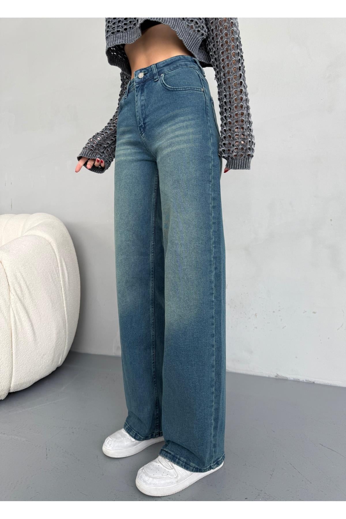 35943 Dewberry Womens High-Waist Vintage Washed Palazzo Jean-AÇIK MAVİ