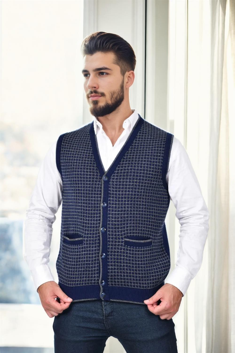 37376 Dewberry Houndstooth Patterned Mens Knit Vest-LACİVERT