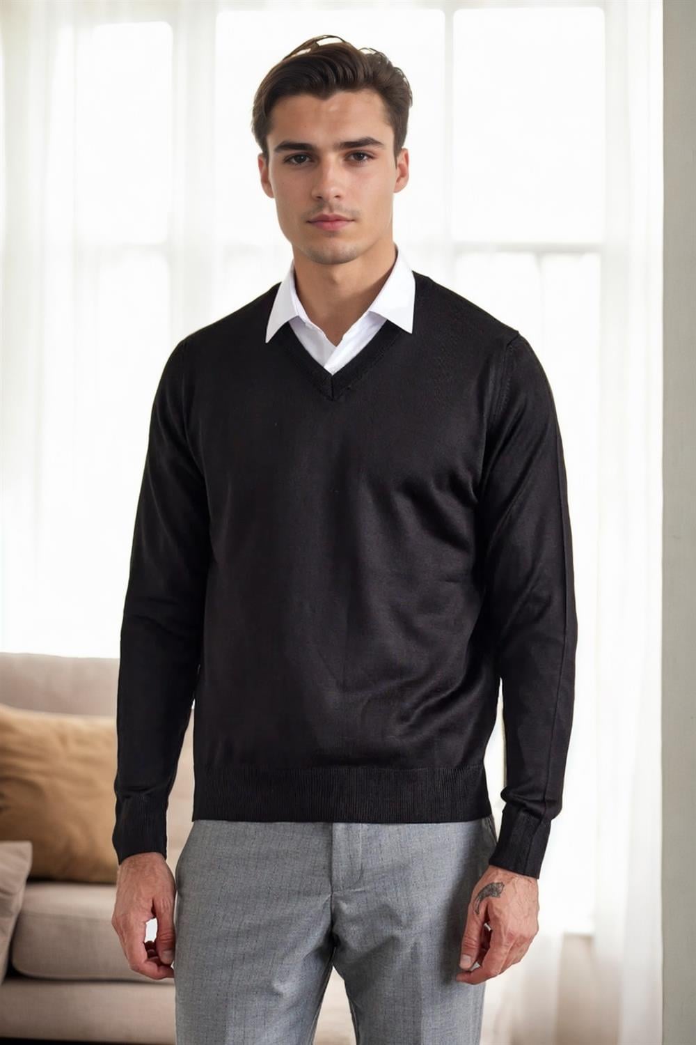 38804 Dewberry Mens V Neck Knit Sweater-SİYAH
