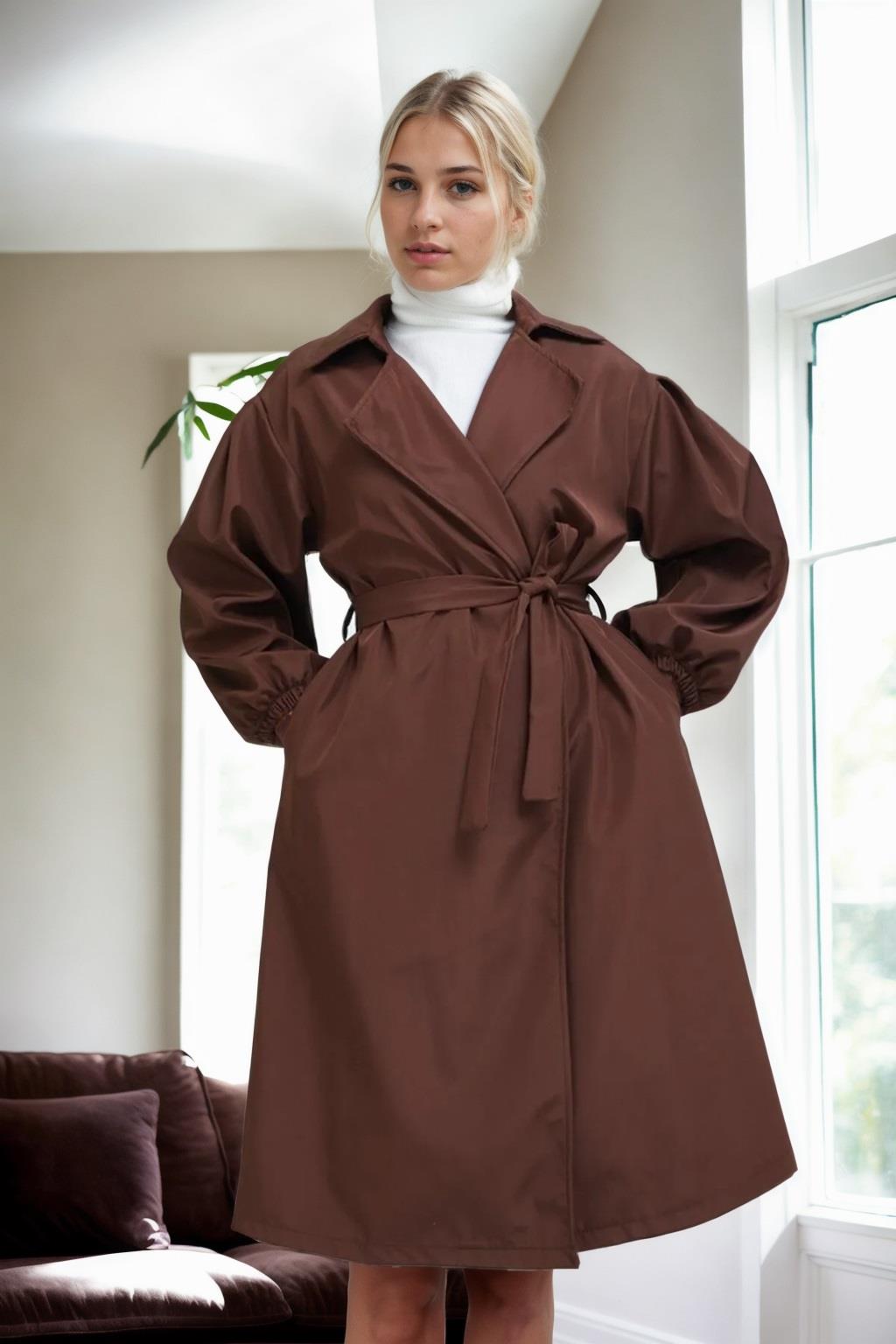 40345 Dewberry Belted Balloon Sleeve Women Trenchcoat-KAHVE