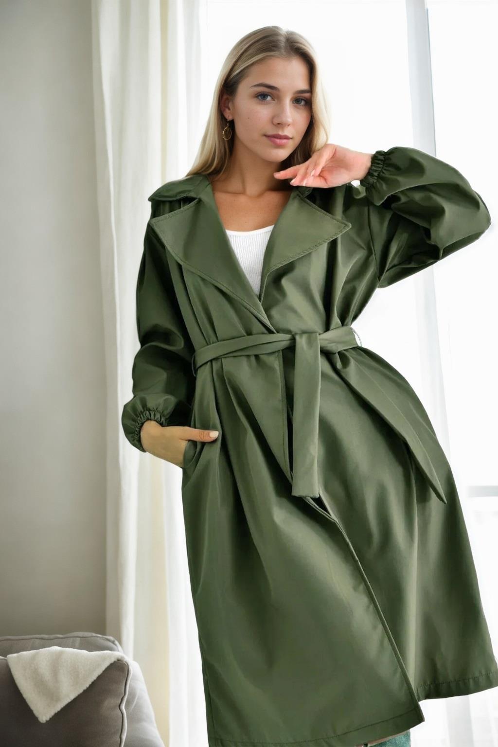 40345 Dewberry Belted Balloon Sleeve Women Trenchcoat-HAKİ