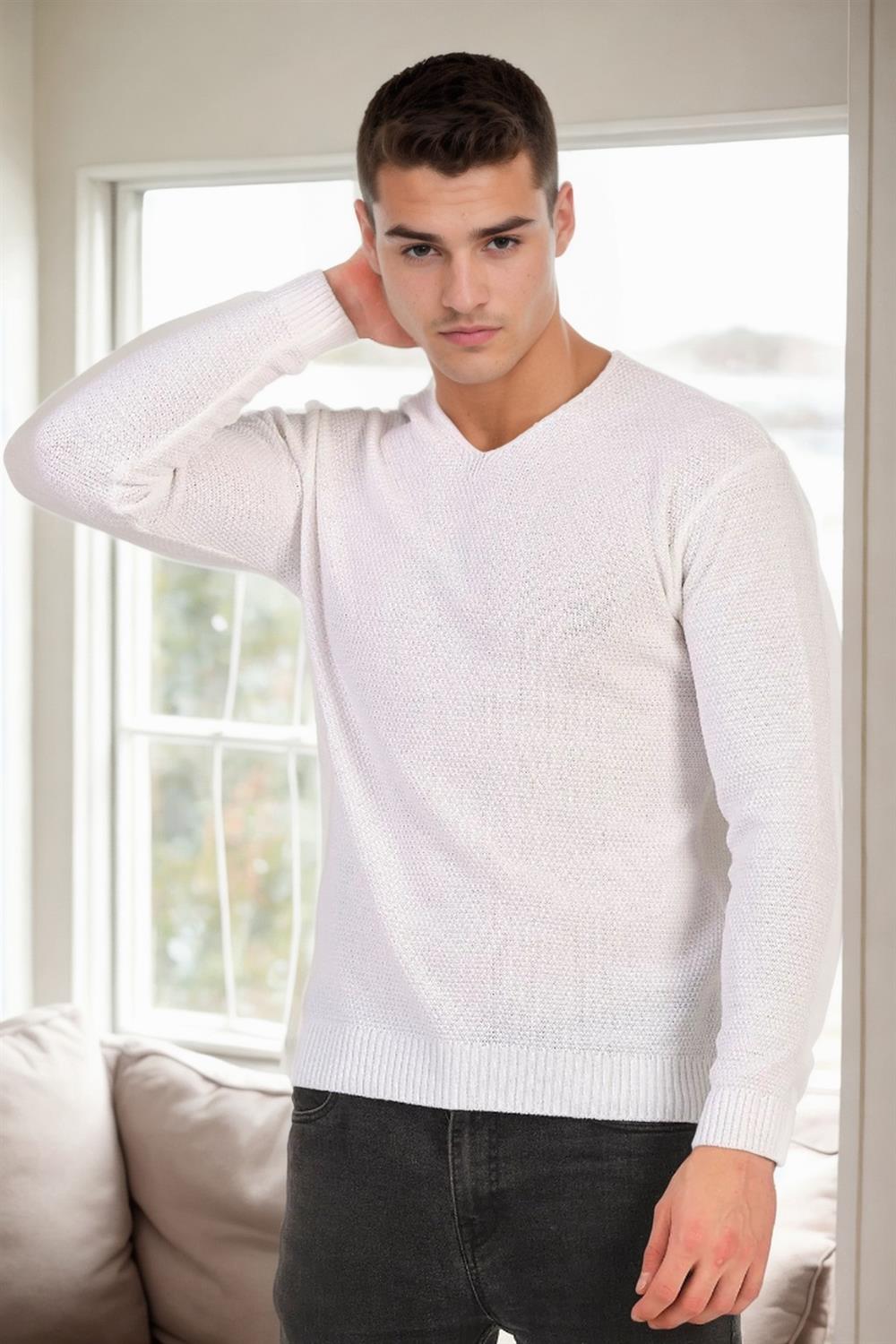 41878 Dewberry V Neck Mens Sweater-BEYAZ