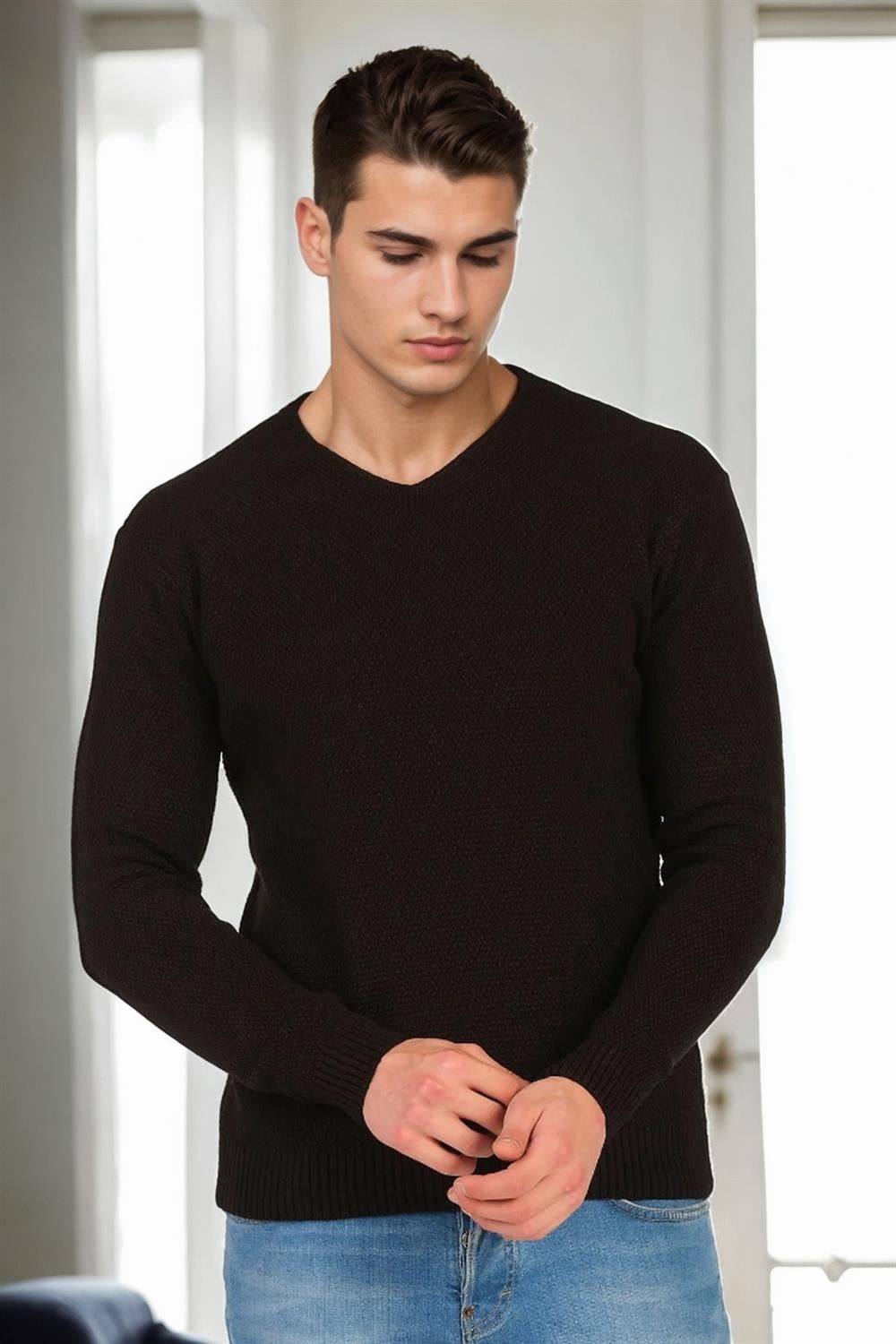 41878 Dewberry V Neck Mens Sweater-SİYAH