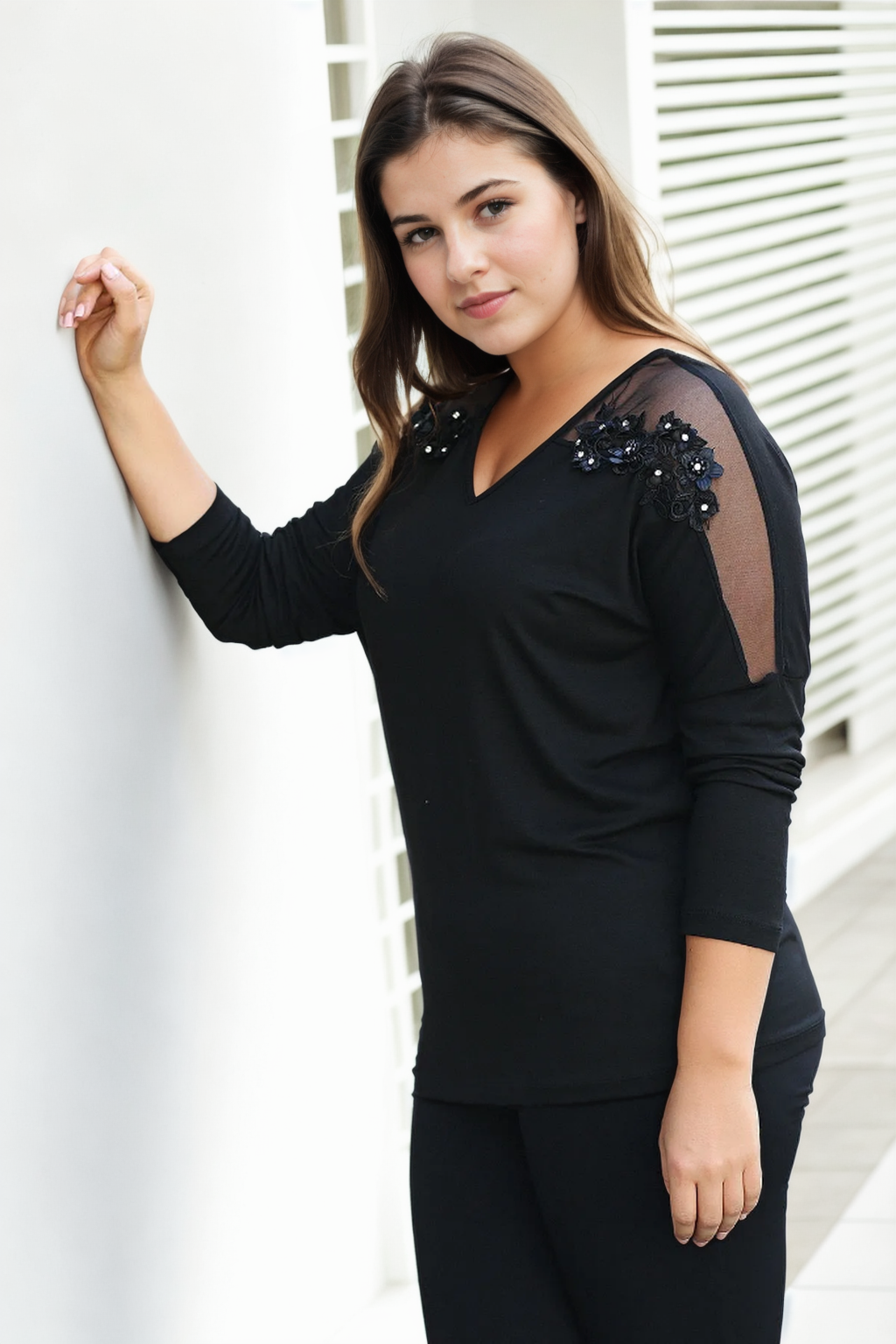 43033 Dewberry Plus Size Off Shoulder Tulle Floral Blouse-SİYAH