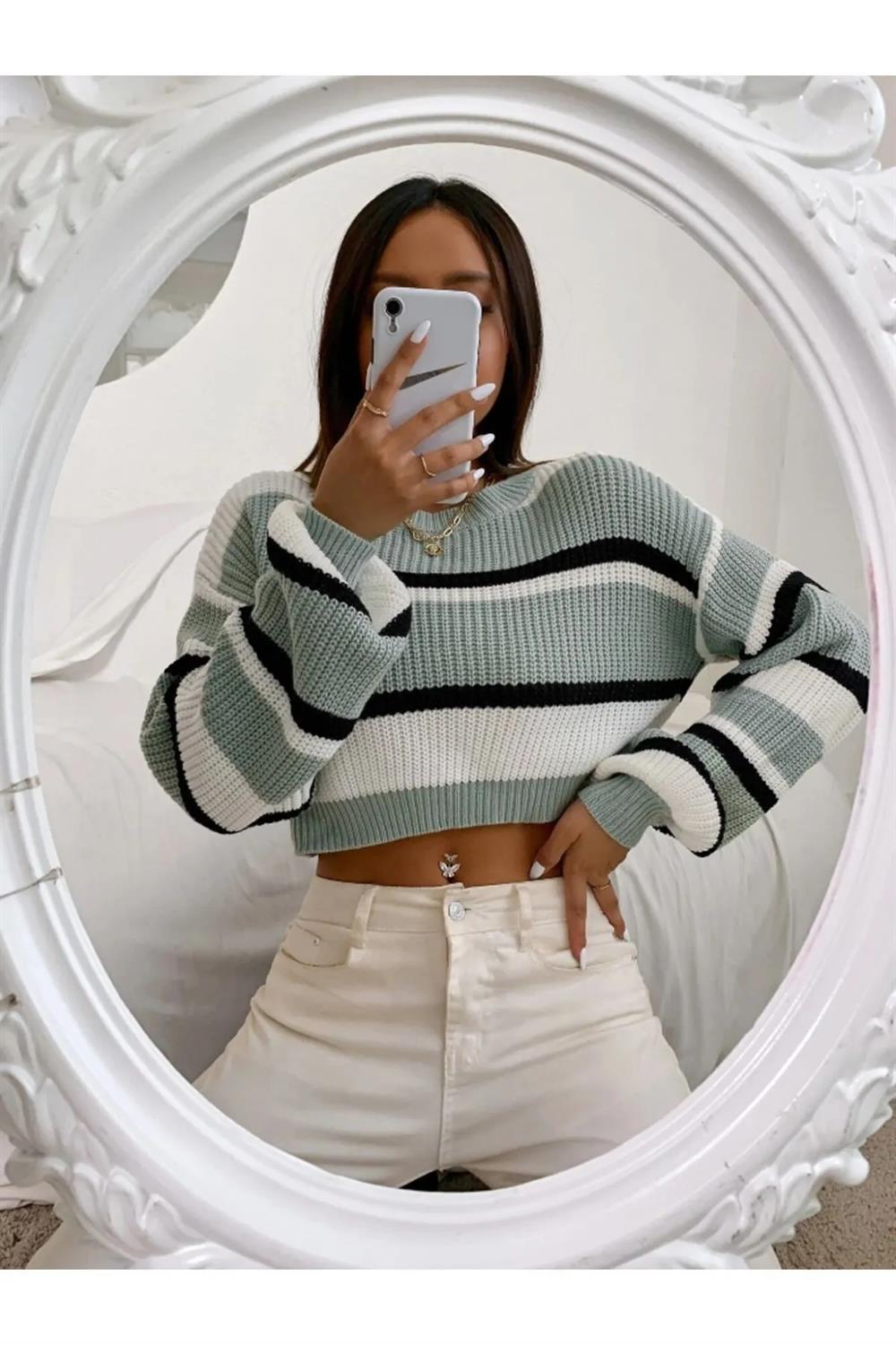 49425 Dewberry Striped Knit Crop Women Sweater-AÇIK YEŞİL