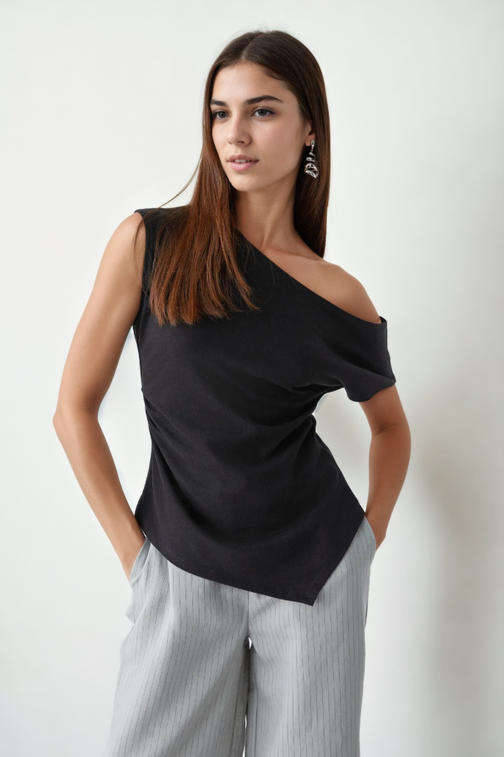 49777 Dewberry Asymmetrical Collar Womens Blouse-SİYAH