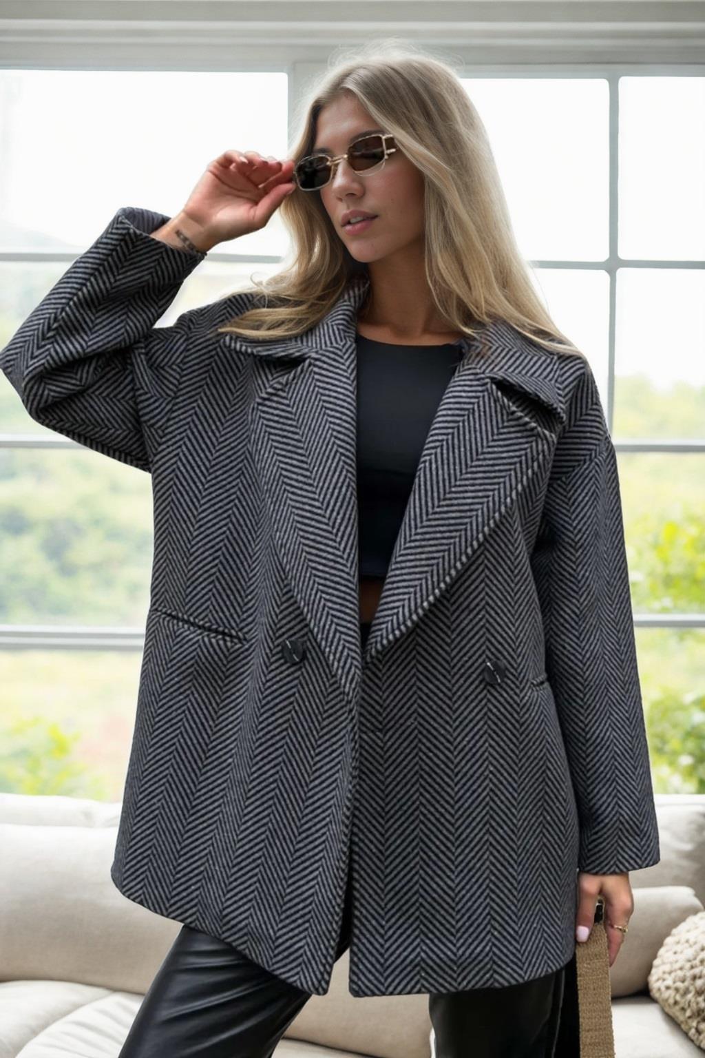 50406 Dewberry Herringbone Oversize Women Coat-ANTRASİT