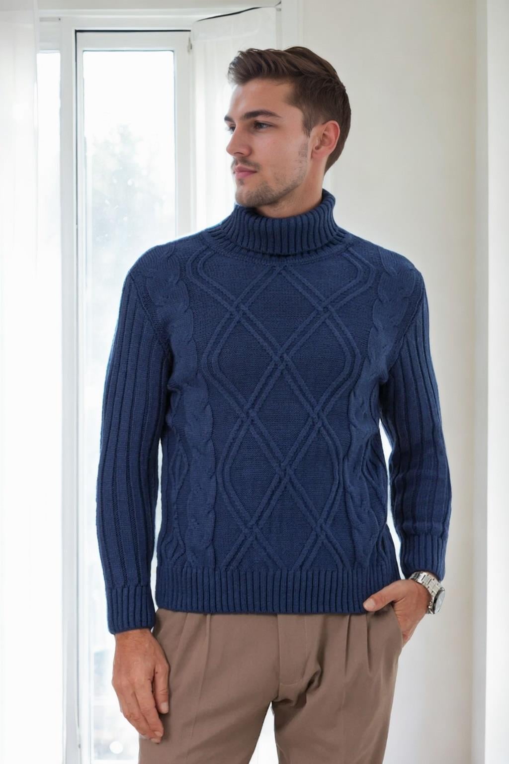 53285 Dewberry Slim-Fit Fisherman Corded Thick Mens Sweater-İNDİGO
