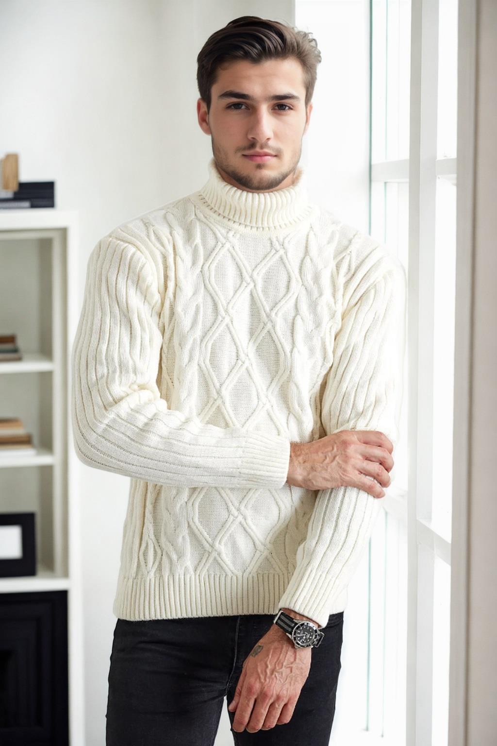 53285 Dewberry Slim-Fit Fisherman Corded Thick Mens Sweater-KREM