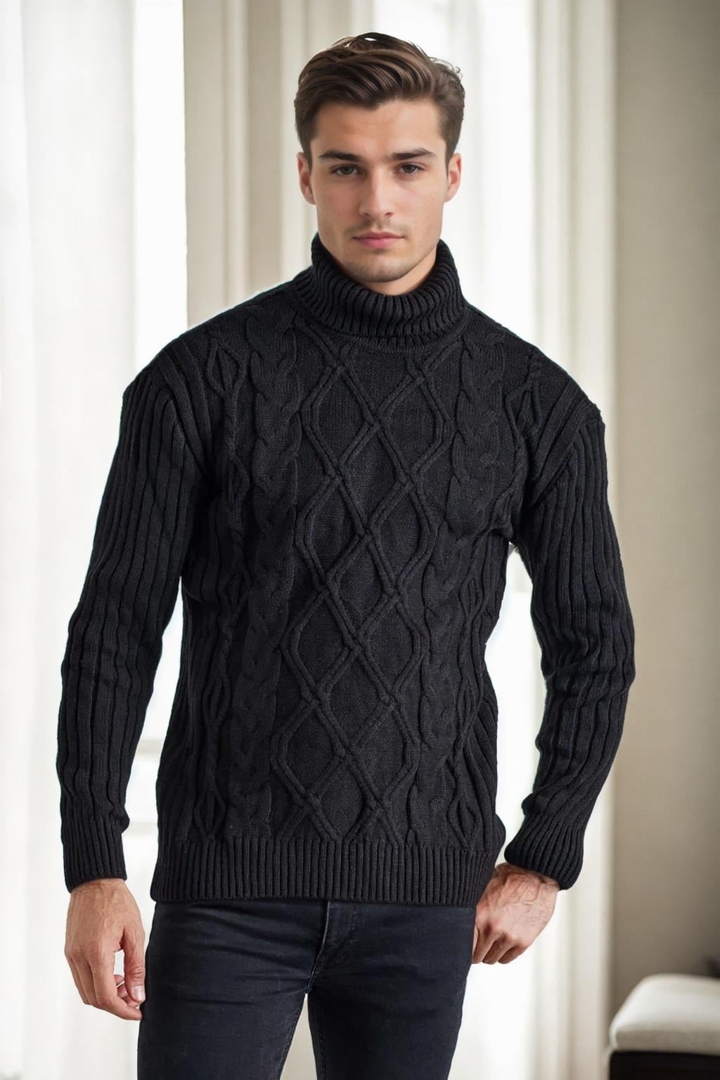 53285 Dewberry Slim-Fit Fisherman Corded Thick Mens Sweater-SİYAH