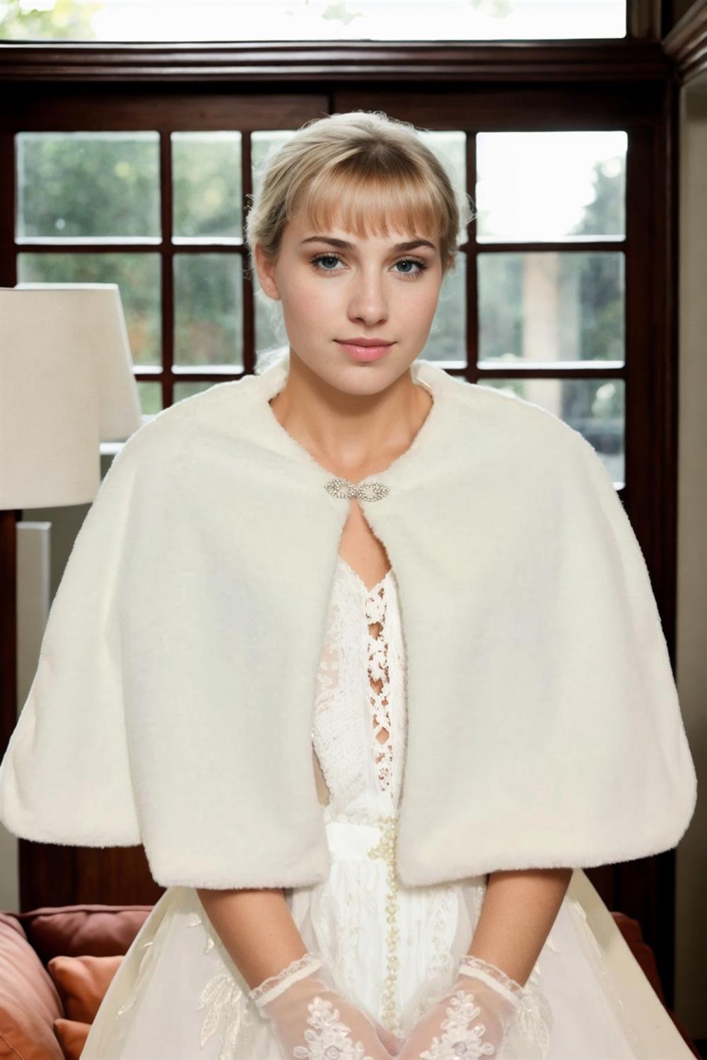 61601 Dewberry Long Brooch Bridal Bolero Shawl-BEYAZ