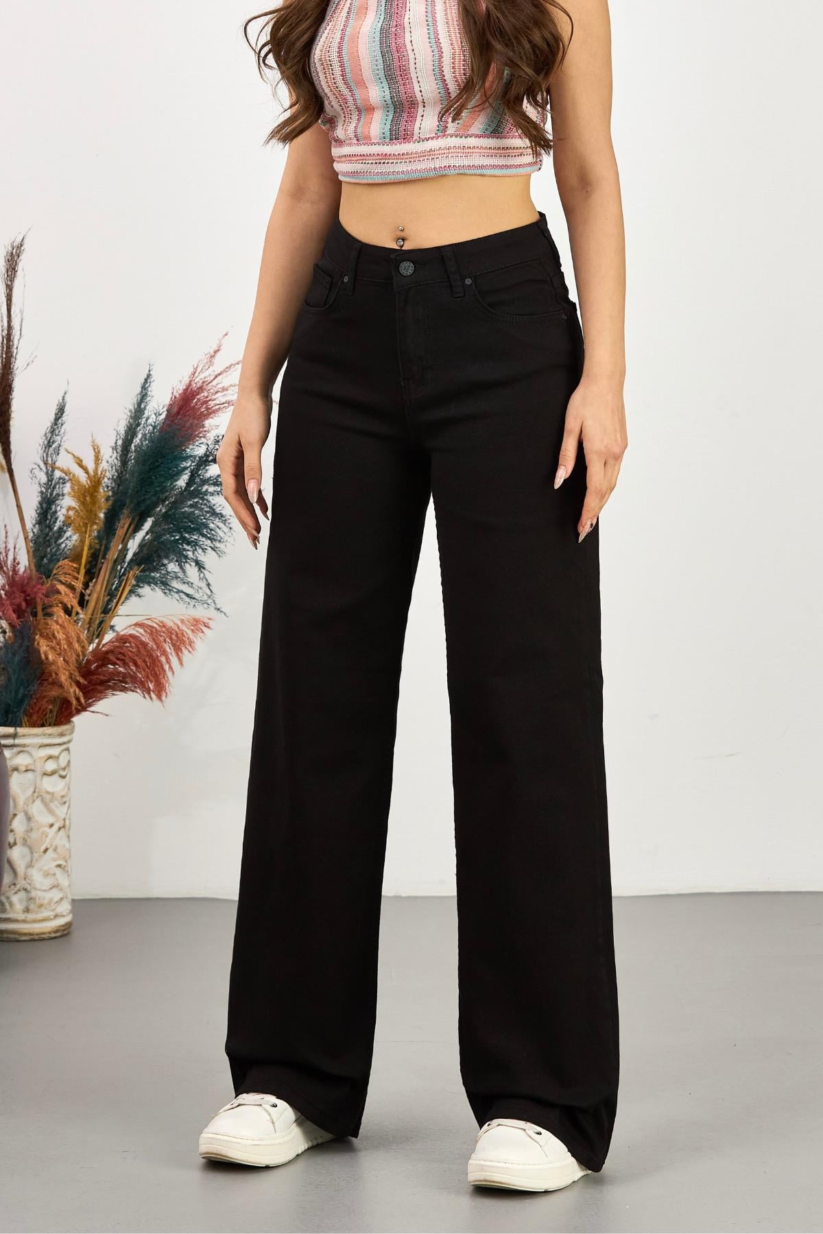 62797 Dewberry Womens High Waist Wide Leg Palazzo Pants-SİYAH