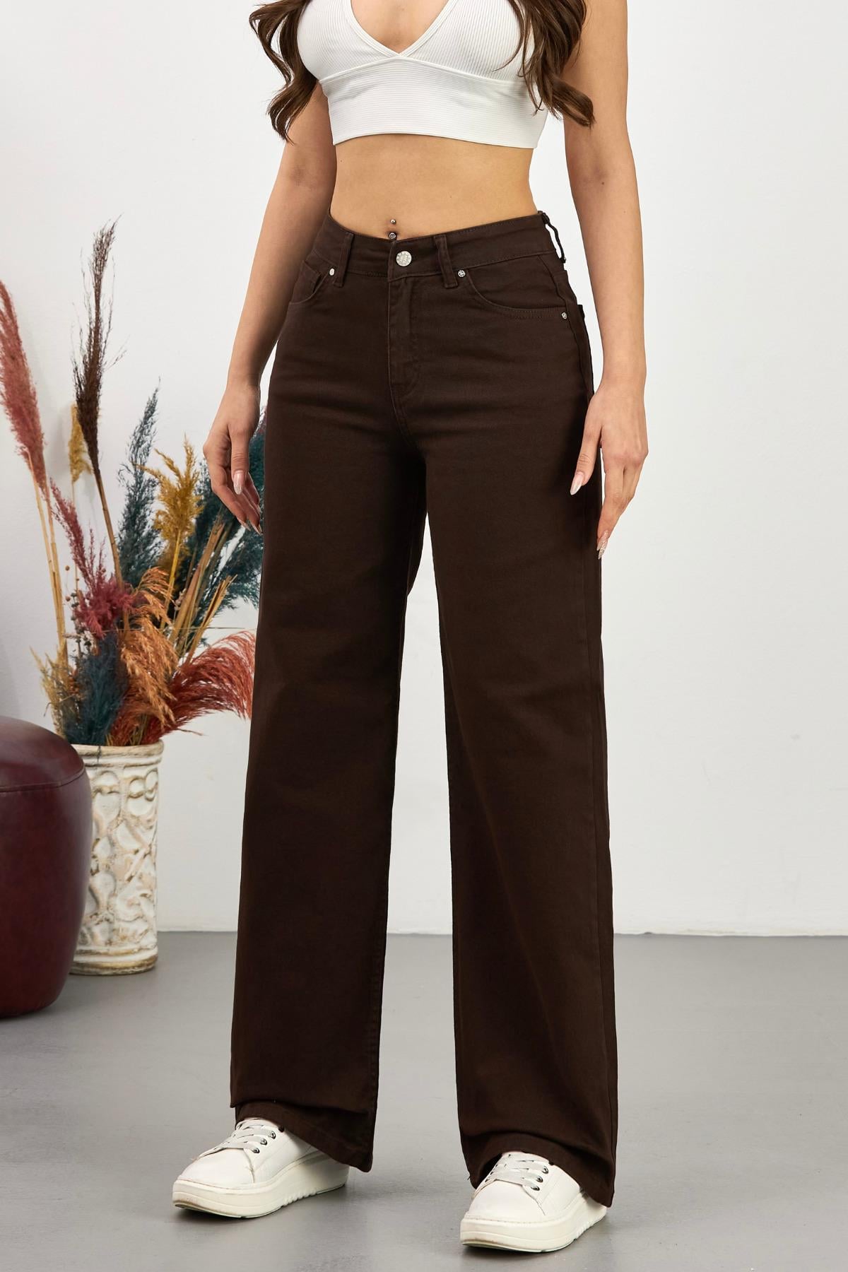 62797 Dewberry Womens High Waist Wide Leg Palazzo Pants-KAHVE