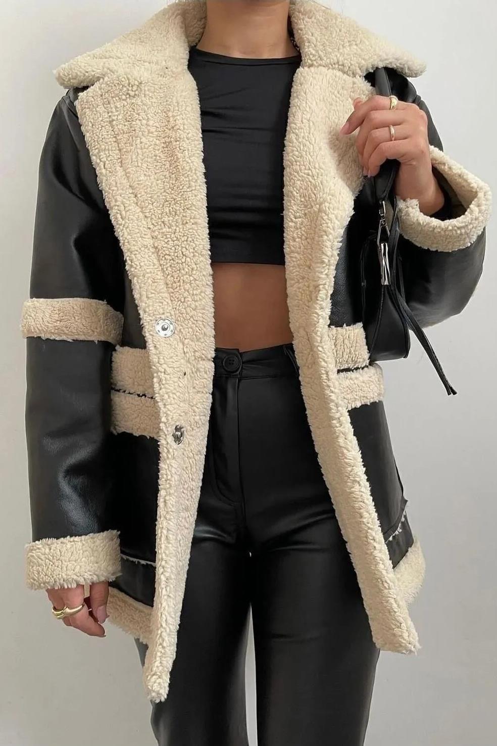 63808 Dewberry Faux Fur Detailed PU Jacket-SİYAH