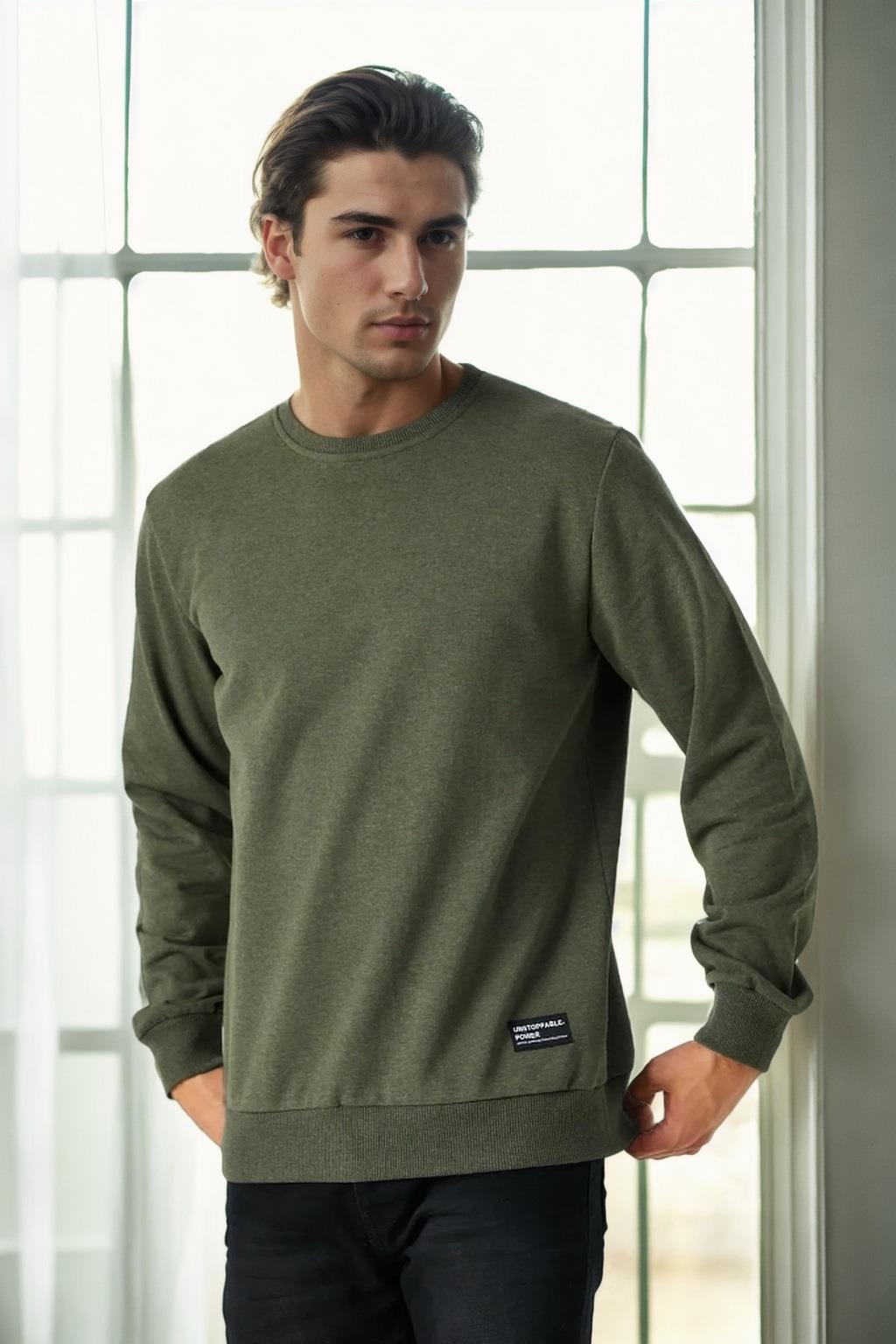 64602 Dewberry Basic Crew Neck Mens Sweatshirt-HAKİ