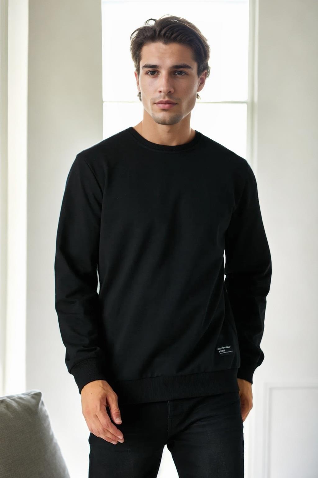 64602 Dewberry Basic Crew Neck Mens Sweatshirt-SİYAH