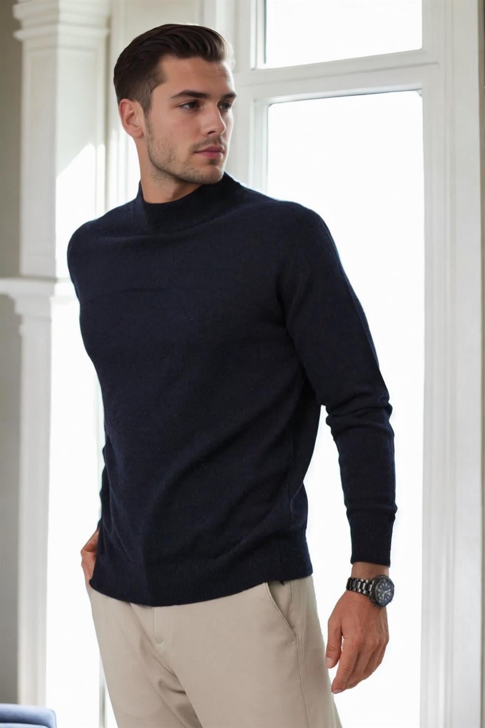 64721 Dewberry Half Turtleneck Woolen Mens Knit Sweater-LACİVERT