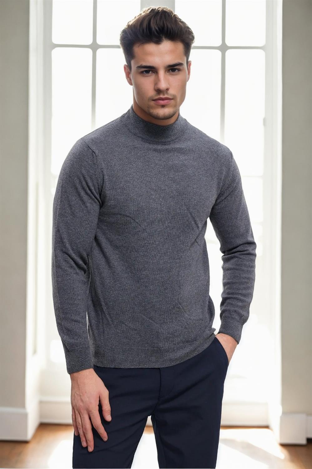 64721 Dewberry Half Turtleneck Woolen Mens Knit Sweater-GRİ
