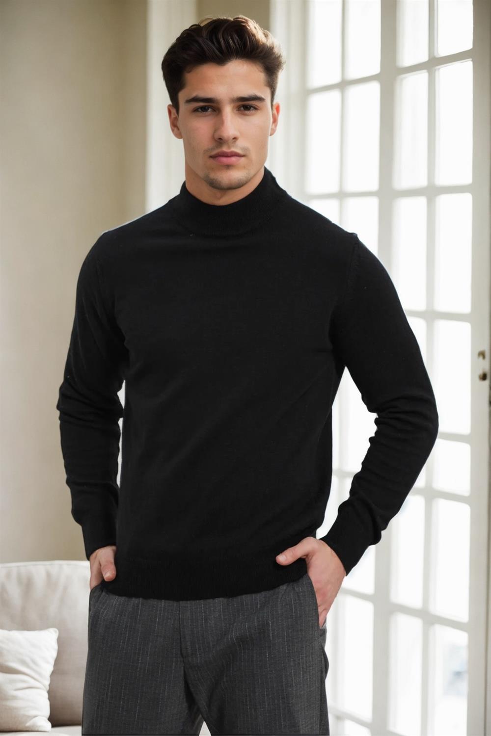 64721 Dewberry Half Turtleneck Woolen Mens Knit Sweater-SİYAH