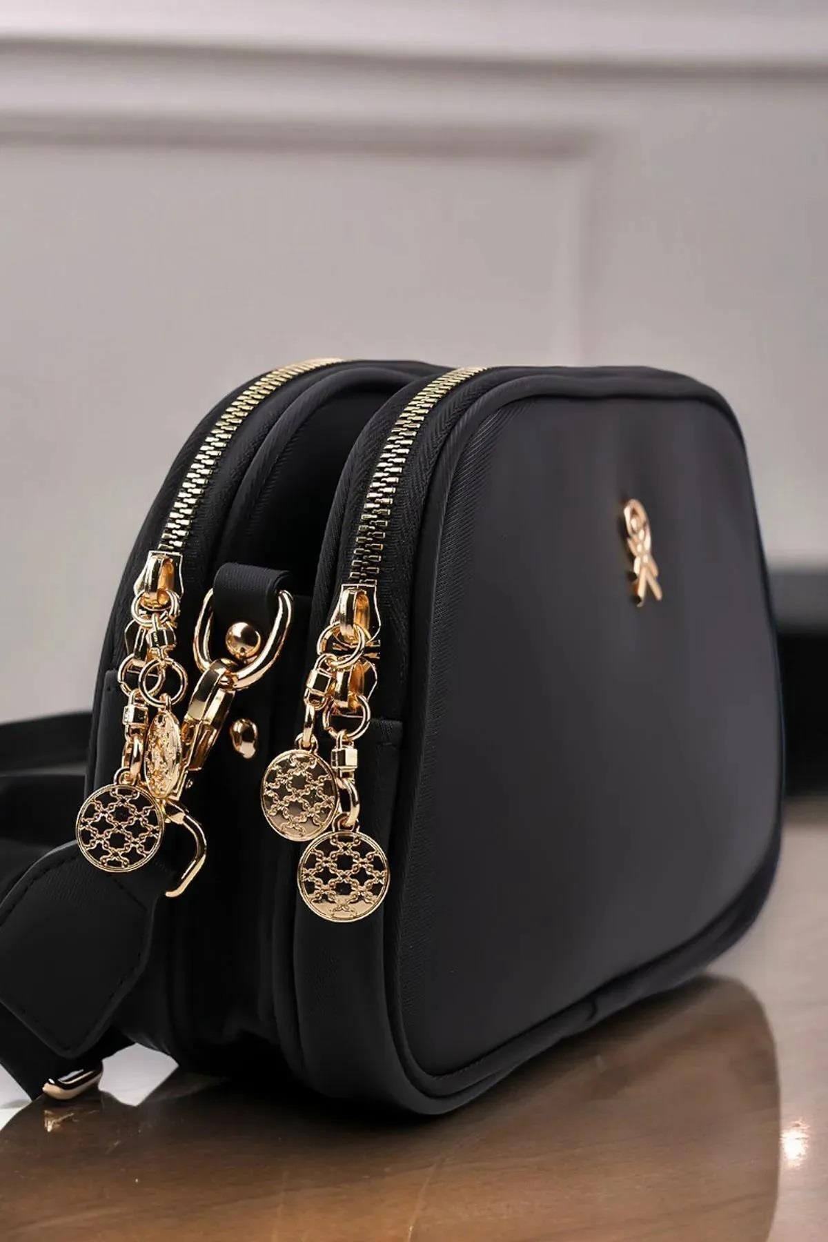 65316 Dewberry Womens Adjustable 3 Compartment Shoulder Bag-SİYAH