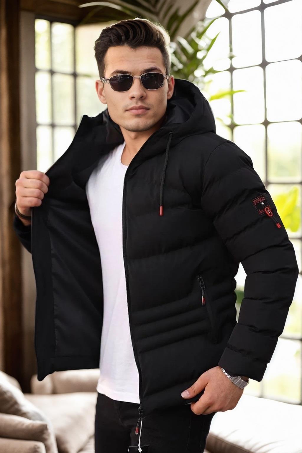 67514 Dewberry Hooded Winter Mens Puffer Coat-SİYAH