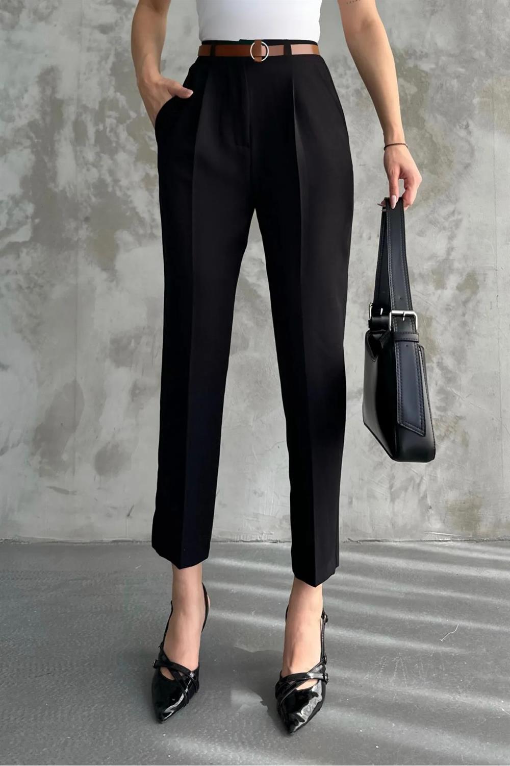 67537 Dewberry Skinny Leg Belted Women Trousers-SİYAH