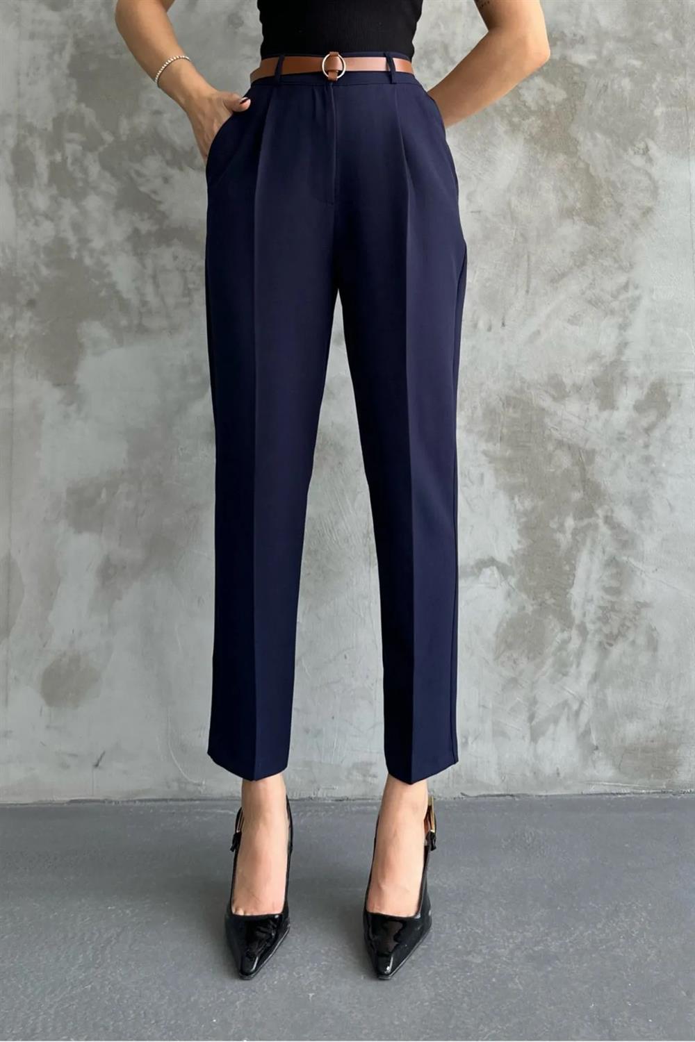 67537 Dewberry Skinny Leg Belted Women Trousers-LACİVERT