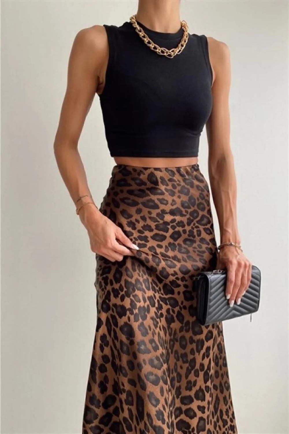 68223 Dewberry Leopard Pattern Satin Midi Length Skirt-SİYAH-KAHVE