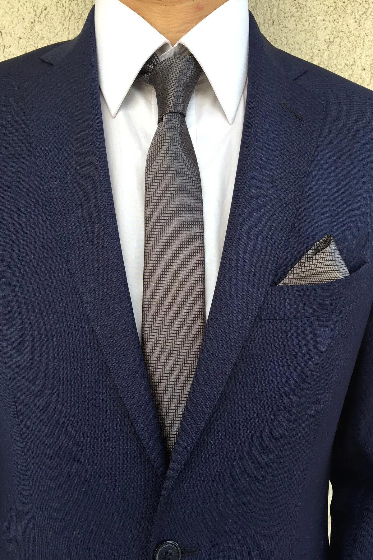 69641 Dewberry Mens Tie and Handkerchief Set-KOYU GRİ