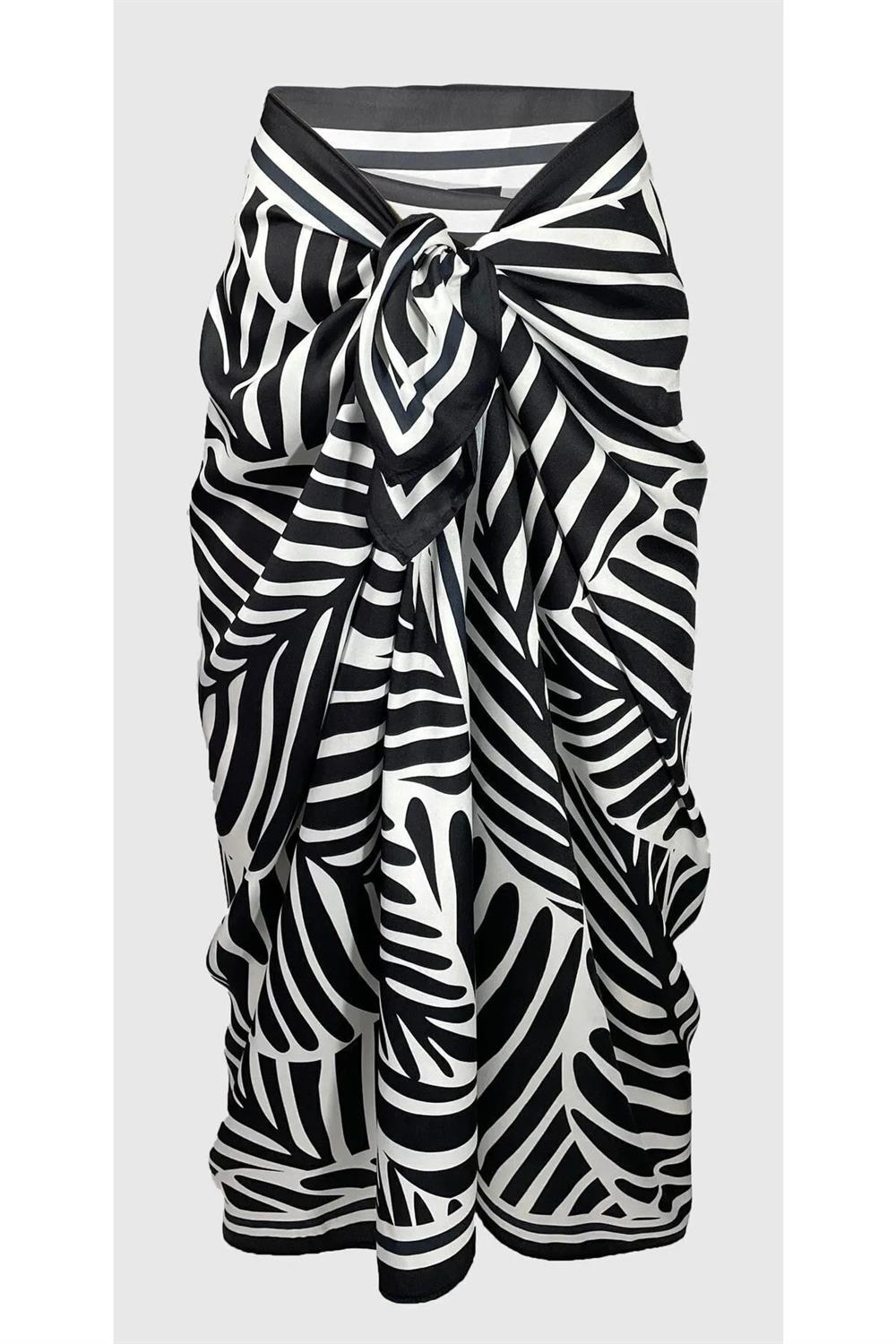 71058 Dewberry Patterned Shiny Fabric Women Pareo-SİYAH-BEYAZ