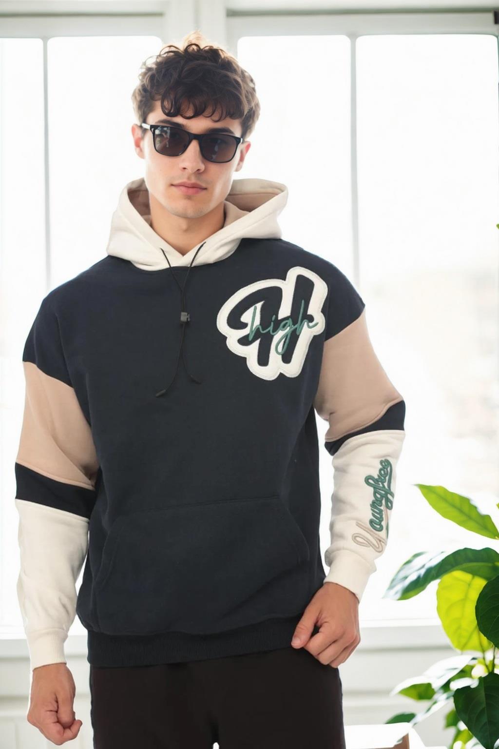71185 Dewberry Embroidered Oversize Mens Sweatshirt-LACİVERT-BEJ