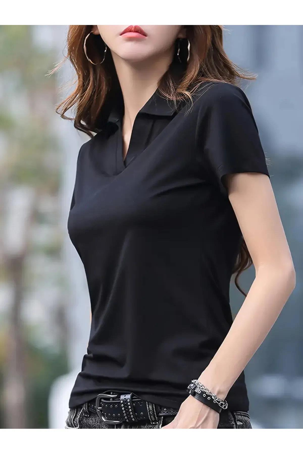 73369 Dewberry Womens Collar Detailed Lycra Flexible T-Shirt-SİYAH