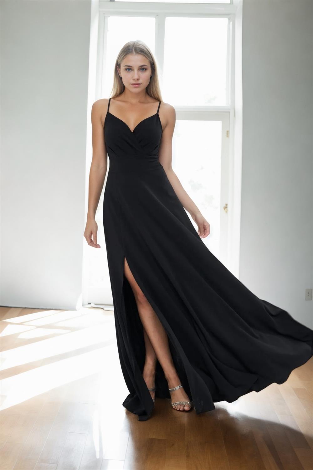 74886 Dewberry Rope Strap Slit Evening & Graduation Dress-SİYAH
