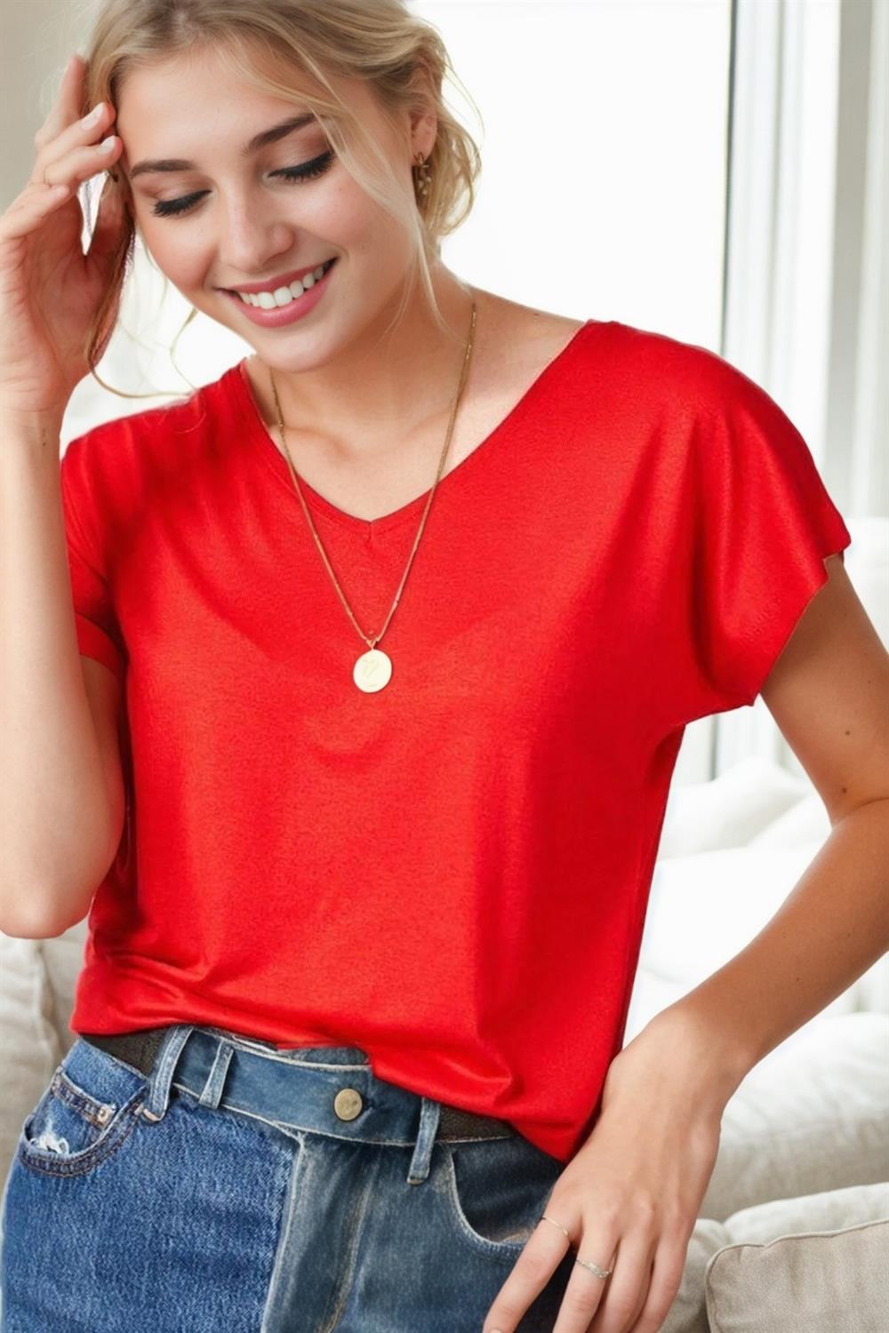 77002 Dewberry V-Neck Basic Women T-Shirt-KIRMIZI